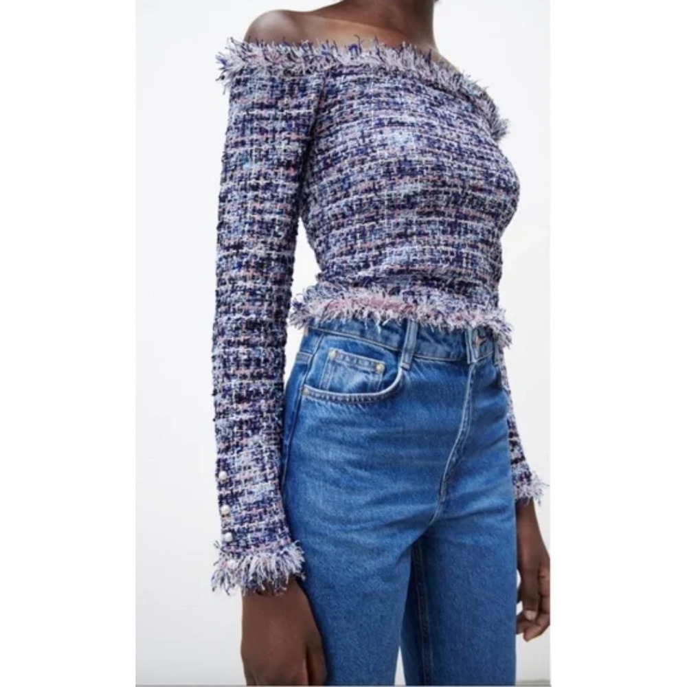 NWT ZARA Tweed Frayed Off-Shoulder Blue Pink Sweater Top Small
